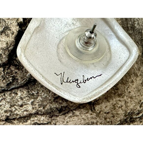 Handcrafted Signed Designer 2-Tone Matte SS Modern Assymetrial Pierced Earrings - Picture 4 of 5